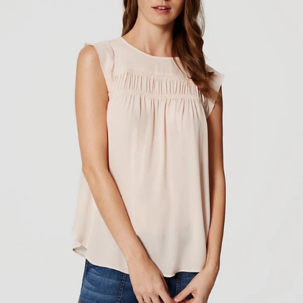 loft smocked flutter top pink sheer blouse xs